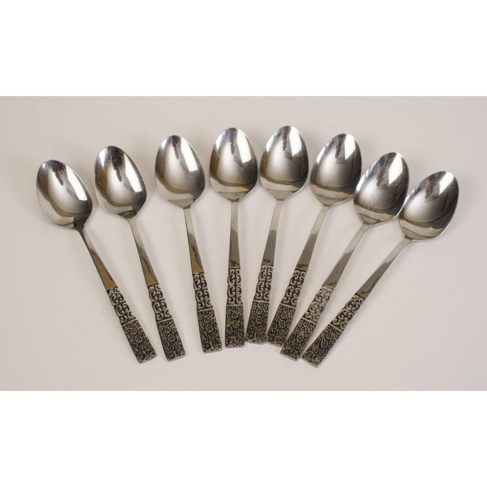 MCM JAPAN Stainless Steel Flatware Flowers Teaspoons 6.25" UNF199-8 Pieces Vtg